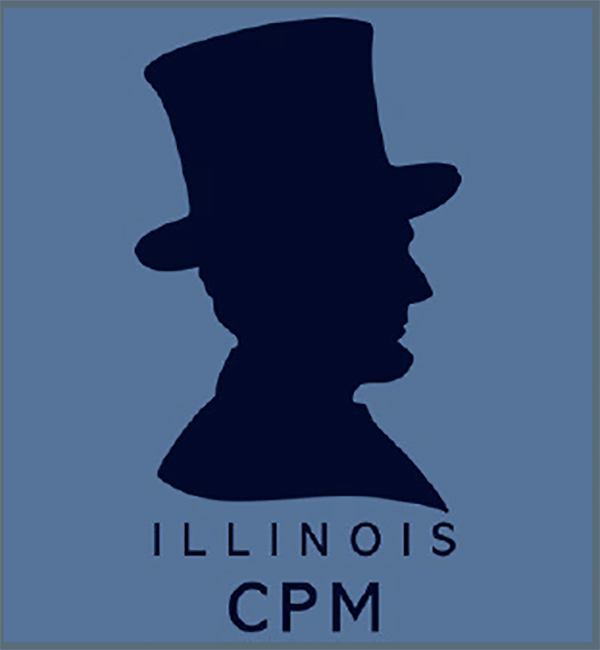A silhouette of Abraham Lincoln on a background in blue.